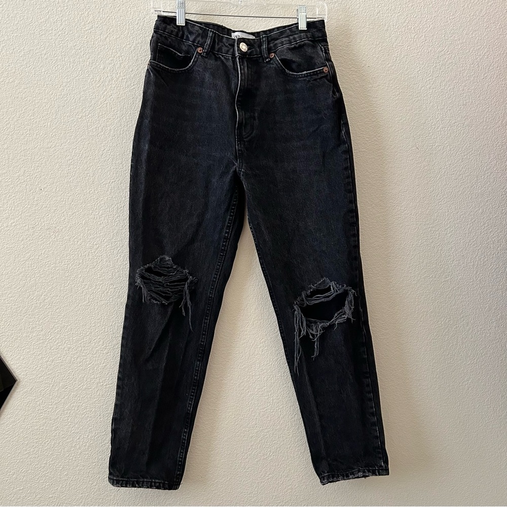 Zara Black Distressed Straight Leg High Waisted Denim Jeans